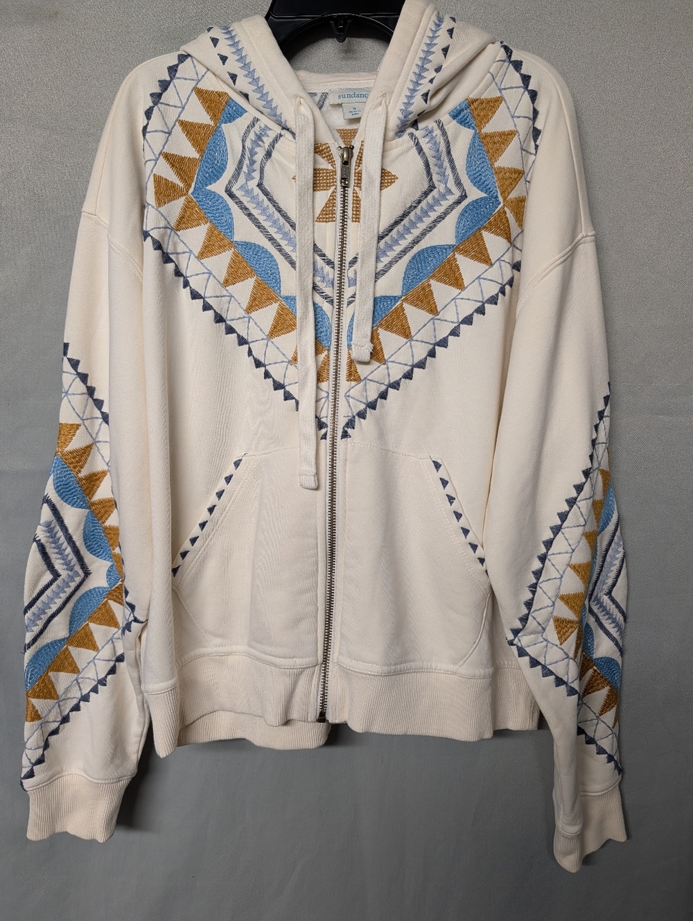 Sundance Cozy Embroidered Zip-Up Hoodie - Cream with Blue & Gold Size Small